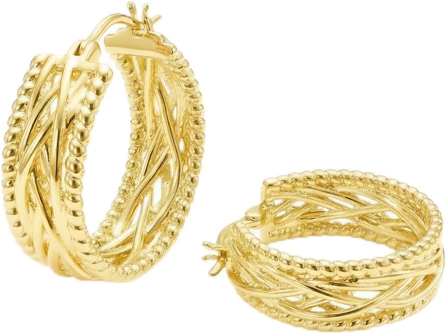 14k Yellow Gold Twisted Braided Hoop Earrings for Women, Textured Beaded Huggie Earrings, Hypoallergenic Minimalist Statement Jewelry 23.3mm*9mm