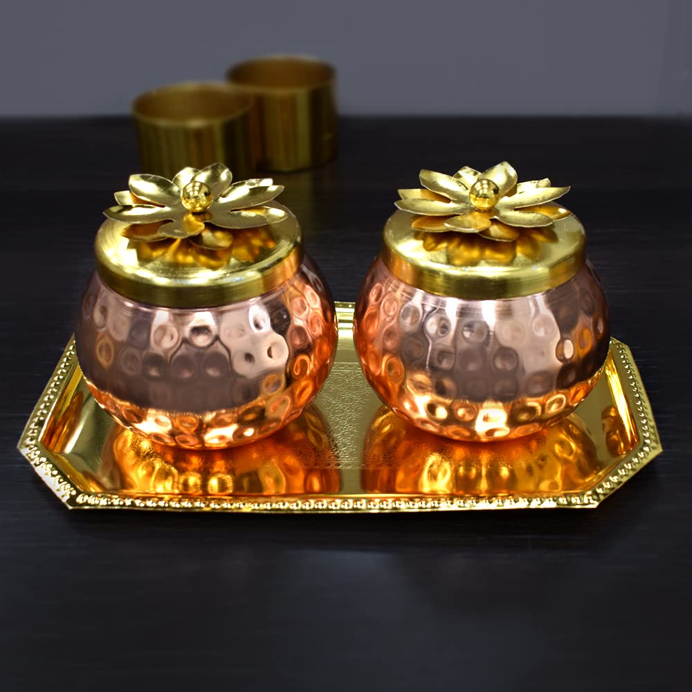 Puja N PujariGift Handi Bowl Set of 2 with Tray Copper Finish for Festivals and Return Gifts