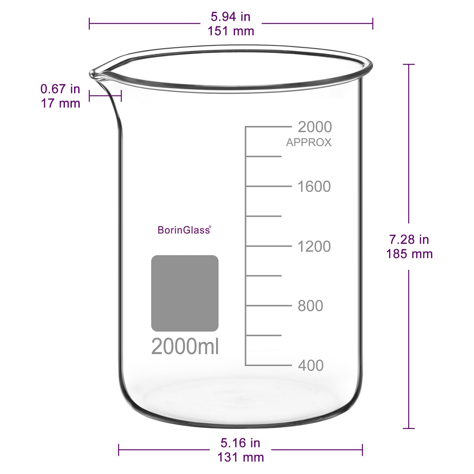 BorinGlass Borosilikatglas-becherglas 2000 Ml, Niedrigform Griffin Graduierter Messbecher mit Tropffreiem Ausguss für Präzises Ausgießen Und Mischen Bei Laborversuchen