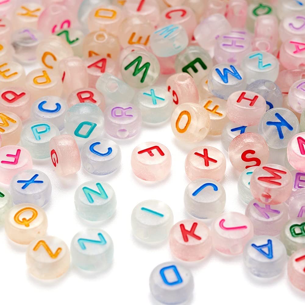 300pcs Luminous Acrylic Alphabet Beads 7mm Glow in The Dark Multicolor Enamel A-Z Letter Beads Pony Disc Coin Loose Bead Spacer for DIY Jewelry Making