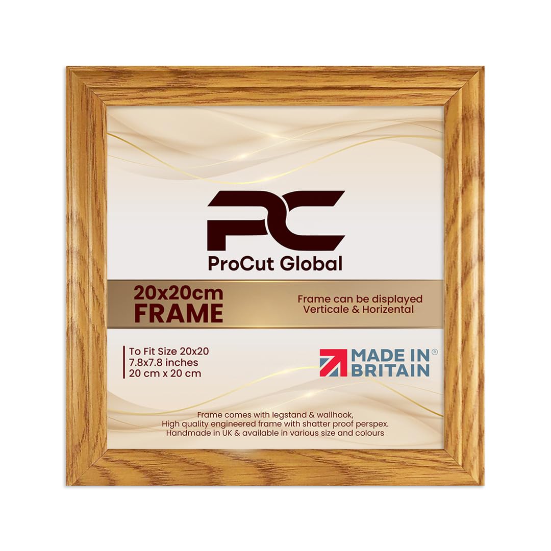 Procut Global 20x20CM Oak Picture Frames - Classic Wooden Photo Frame with Shatterproof Perspex for Wall or Tabletop - Perfect for Posters, Certificates & Prints - Sizes & Colors Available
