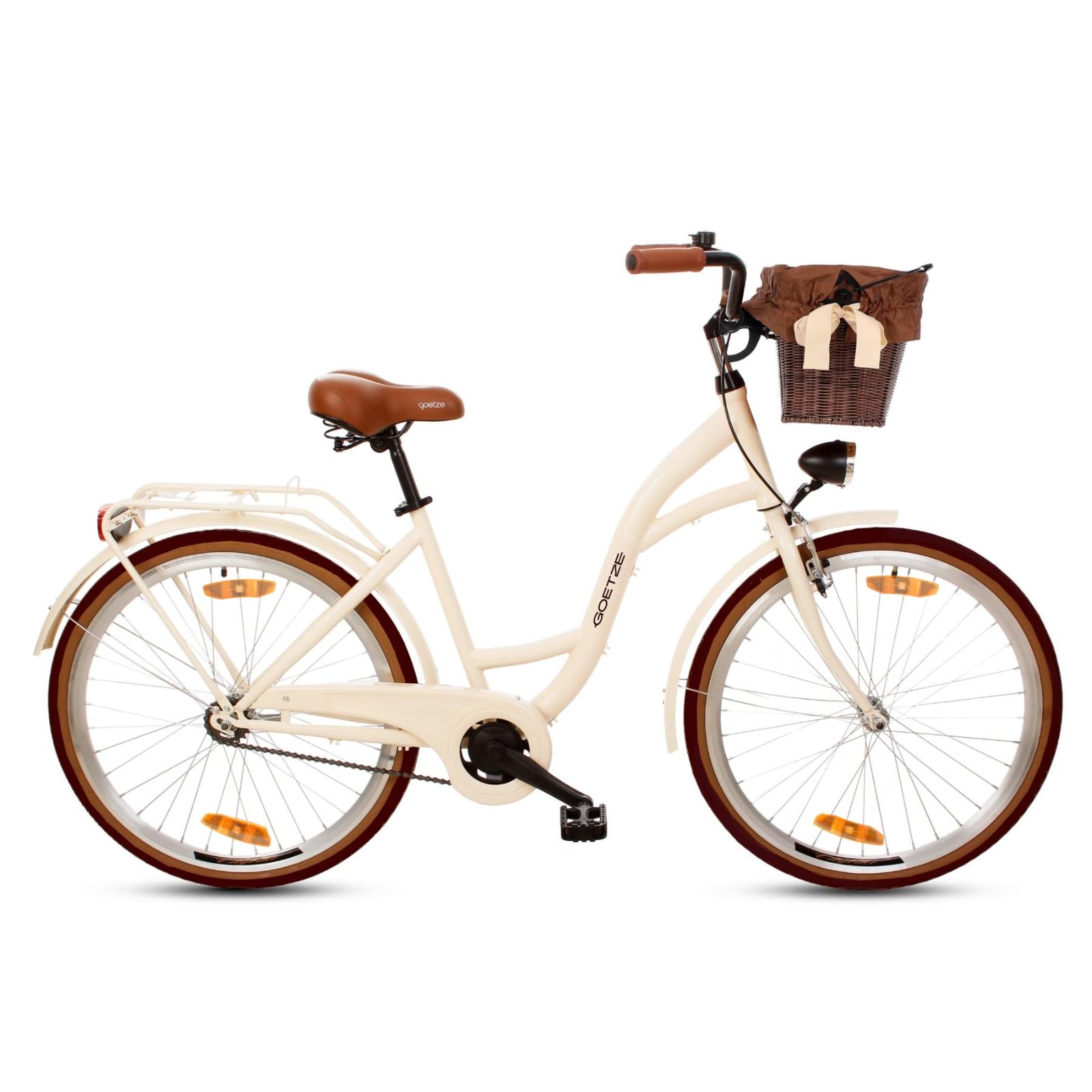 Goetze Style 26 Zoll Damen Citybike, 17 Zoll Tiefeinsteiger Rahmen, 1-Gang Rücktrittbremse, V-Bremse vorne, LED-Beleuchtung, Gepäckträger, Rattankorb, Komfortsattel, mit Ständer & Klingel
