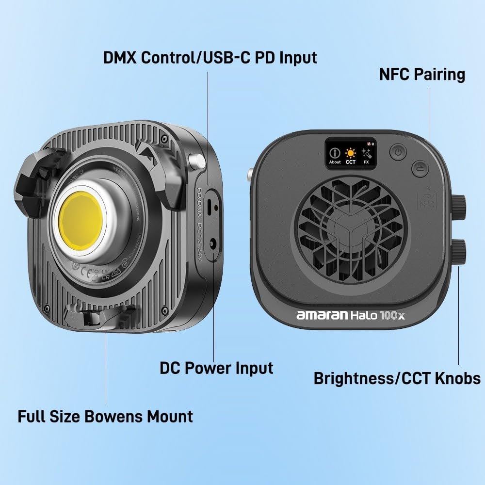 amaran Halo 100x Projecteur LED Vidéo COB Bicolore Compact 100W | 2700K-6500K, Monture Bowens, USB-C PD, Appli Amaran, NFC, IRC 96+, Photo, Stream