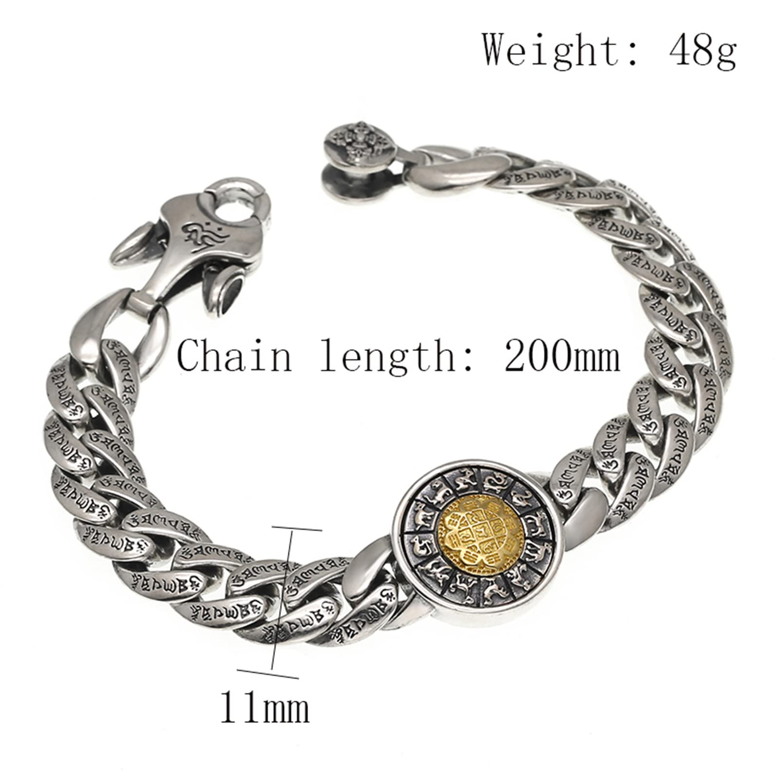Brazalete del Zodíaco para Hombre Plata Ley S925, Brazalete Gótico Vintage Jiugong Bagua, Plata, 20 cm