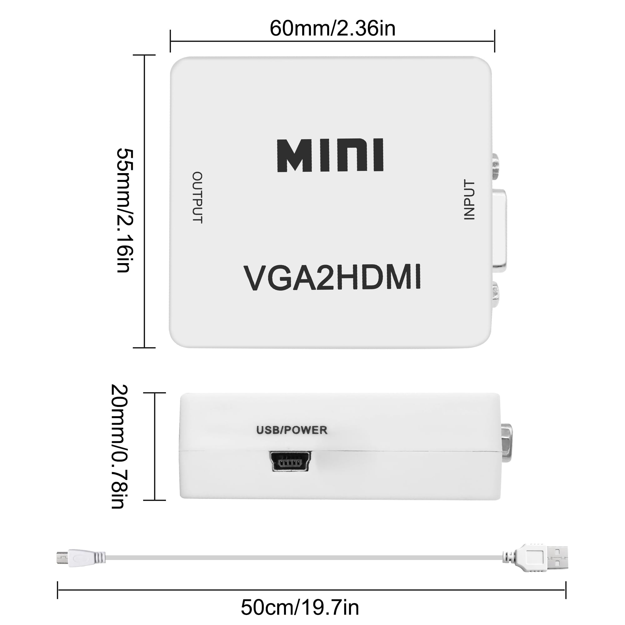 Convertisseur VGA vers HDMI 1080p avec port audio 3,5 mm pour PC, ordinateur portable, projecteur (blanc)