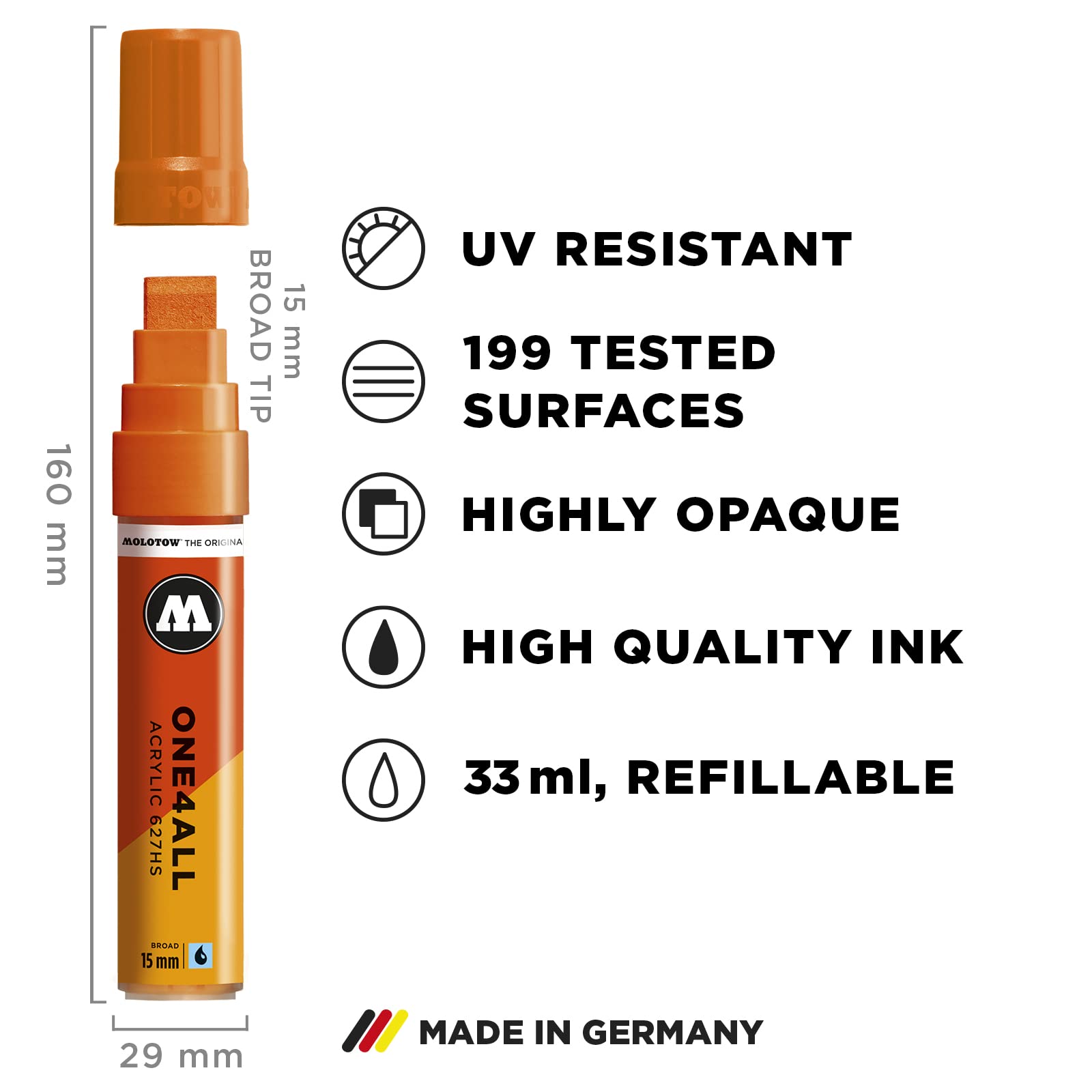 Molotow One4All 627HS Basic Lot de 6 marqueurs acryliques (épaisseur de trait 15,0 mm, fort couvrant et permanent, séchage rapide, rechargeables, pour presque toutes les surfaces)