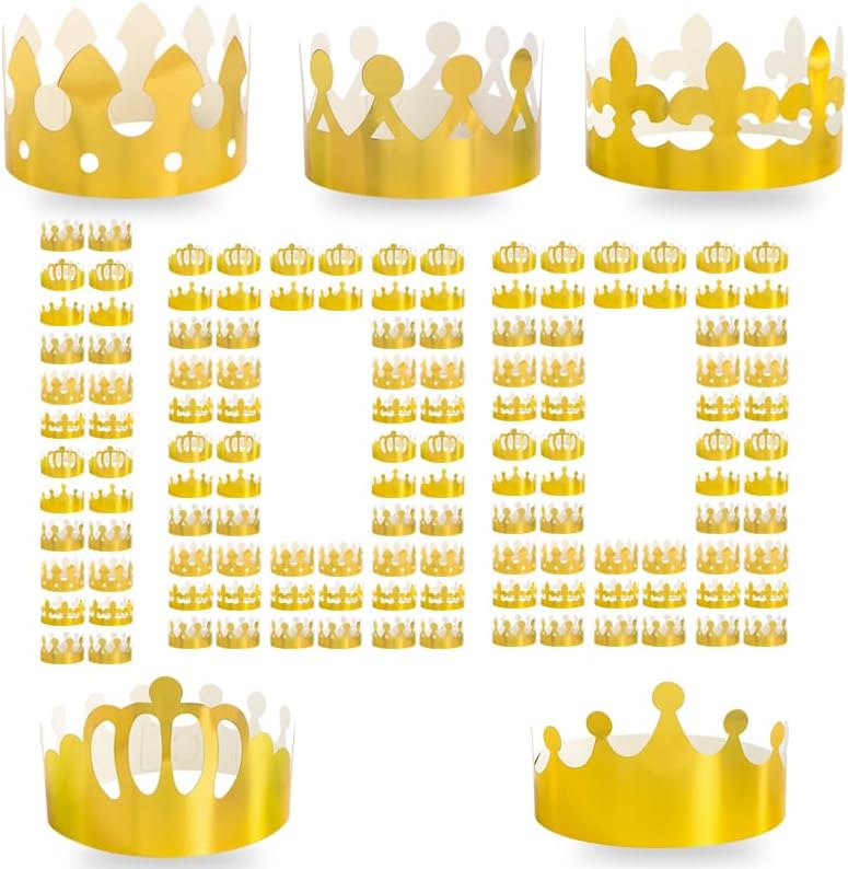 100 gold paper birthday crowns, DIY adjustable size design, perfect for children's birthday parties and family gatherings.