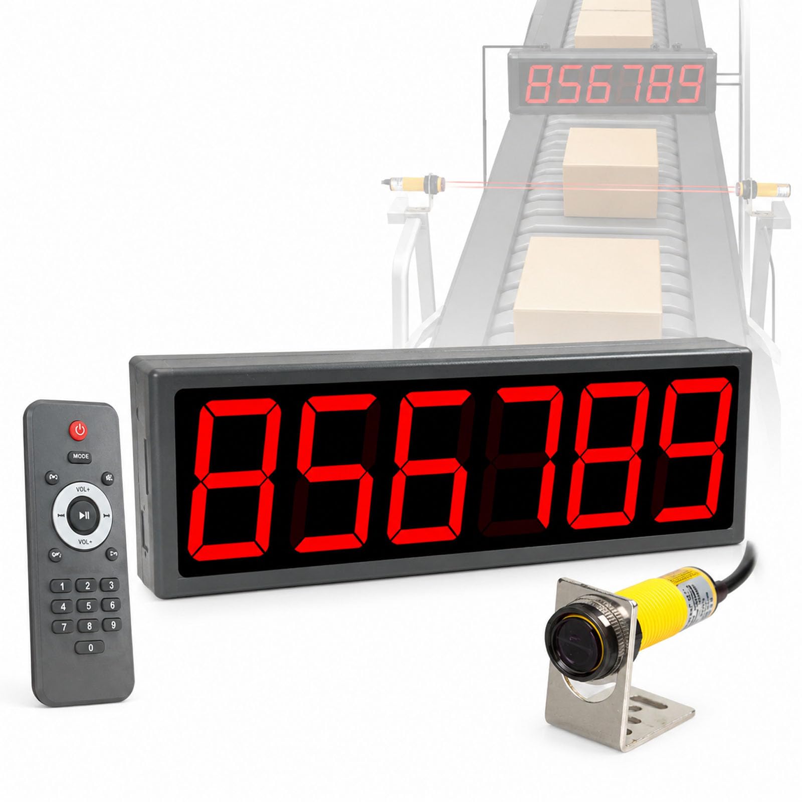 Vhewq 6 Digit LED Counter with Infrared Sensor, 6 Digit LED Visitor Counter, Max Count: 999999, 70CM Sensing Distance, Power-Off Memory Function for Conveyor Belts & Production Lines