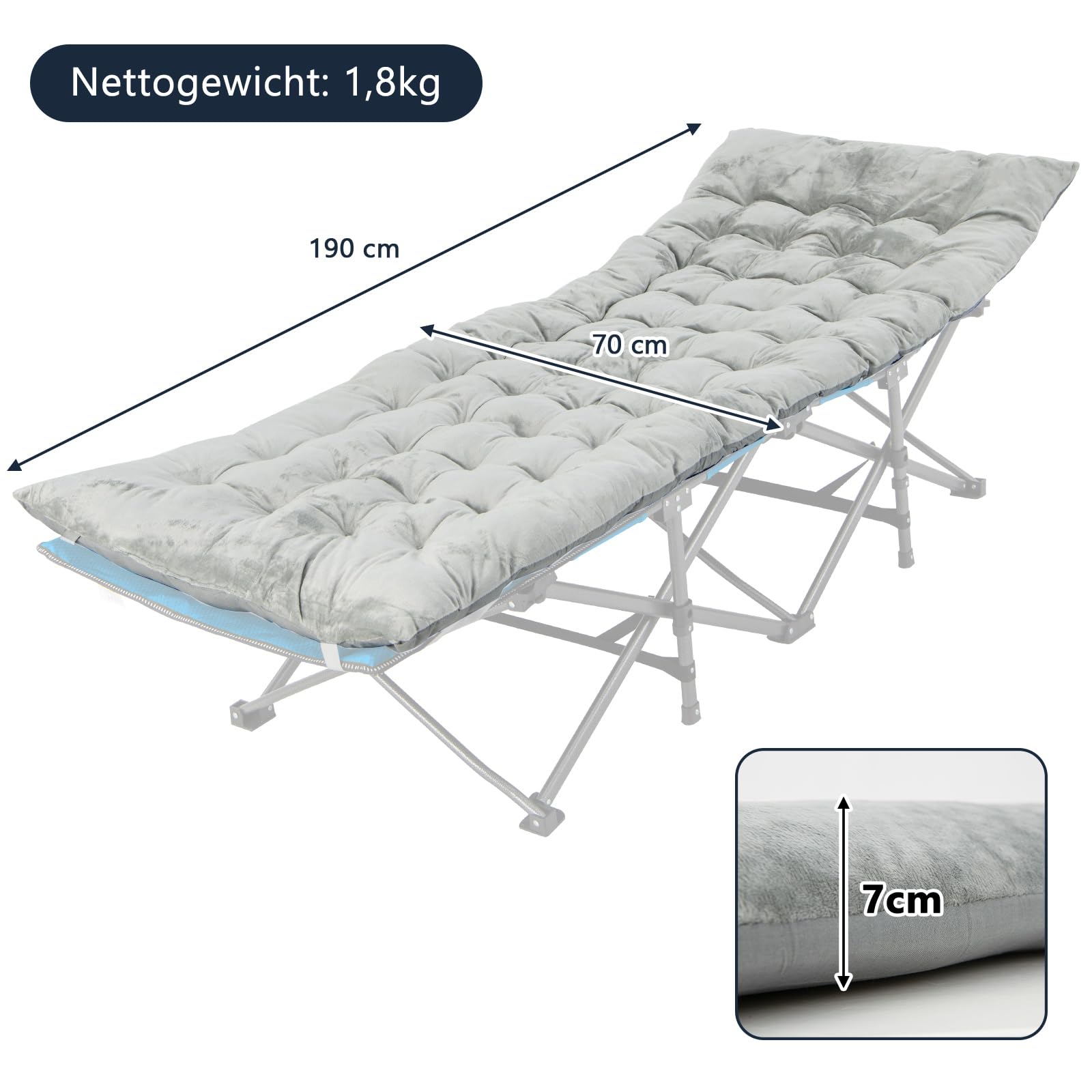 COSTWAY Baumwolle Feldbett Auflage, 7 cm Dicke Martratze mit Befestigungsbändern, Mehrzweck für Campingbett, Sonnenliege, Gartenliege, 190 x 70 cm, Grau