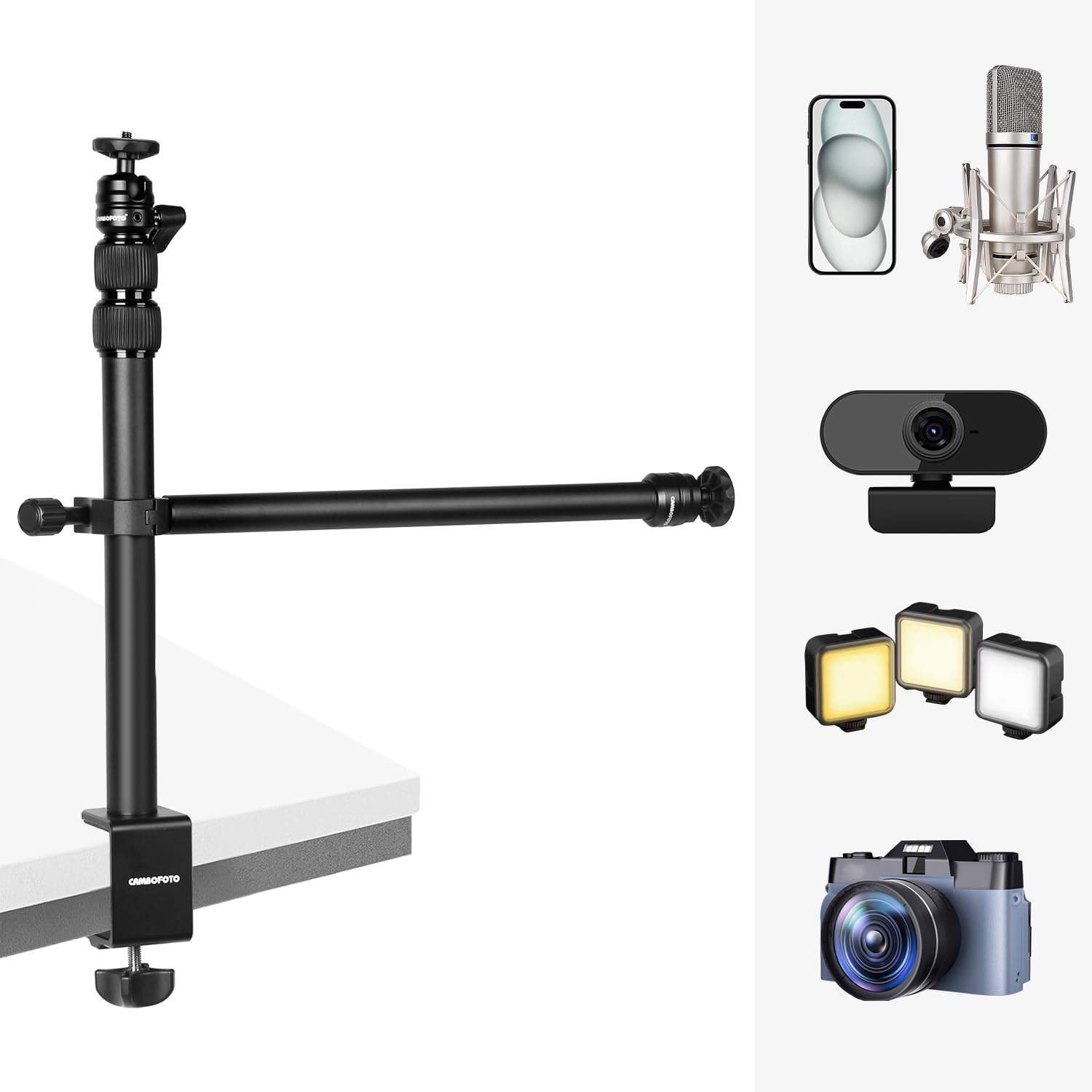 CAMBOFOTO Trépied de Bureau Multifonction 37-82,5 cm avec Tête Sphérique 360°, Bras Détachable et Support Téléphone - Compatible Appareil Photo, Ring Light, Micro, Les téléphones Portables