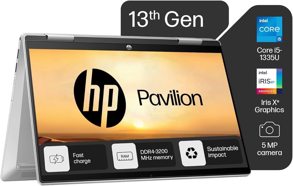 Pavilion x360, 13th Gen Intel Core i5-1335U (16GB DDR4, 512GB SSD) Touchscreen, 14"/35.6cm, FHD, Win 11, Office 21, Silver, 1.51kg, ek1074tu/1148tu, Iris Xe, FPR, 5MP Camera, Backlit KB Laptop