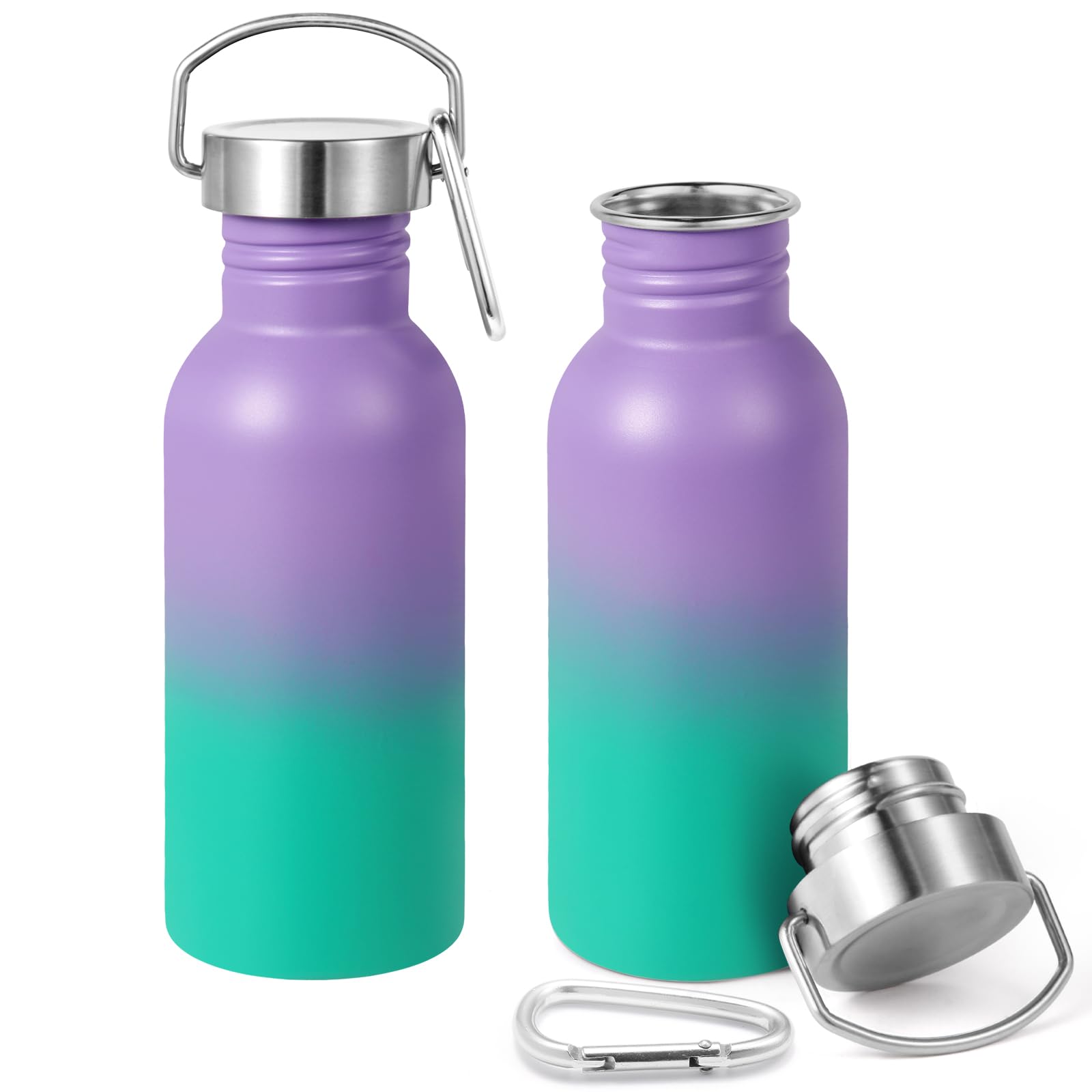 Volhoply 600ml Uninsulated Single Walled Water Bottles 2 Pack, Stainless Steel Reusable Water Bottle with Handle & Carabiner, BPA Free 18/8 304 Sports Water Bottles for Camping Hiking（Purple Green,2）