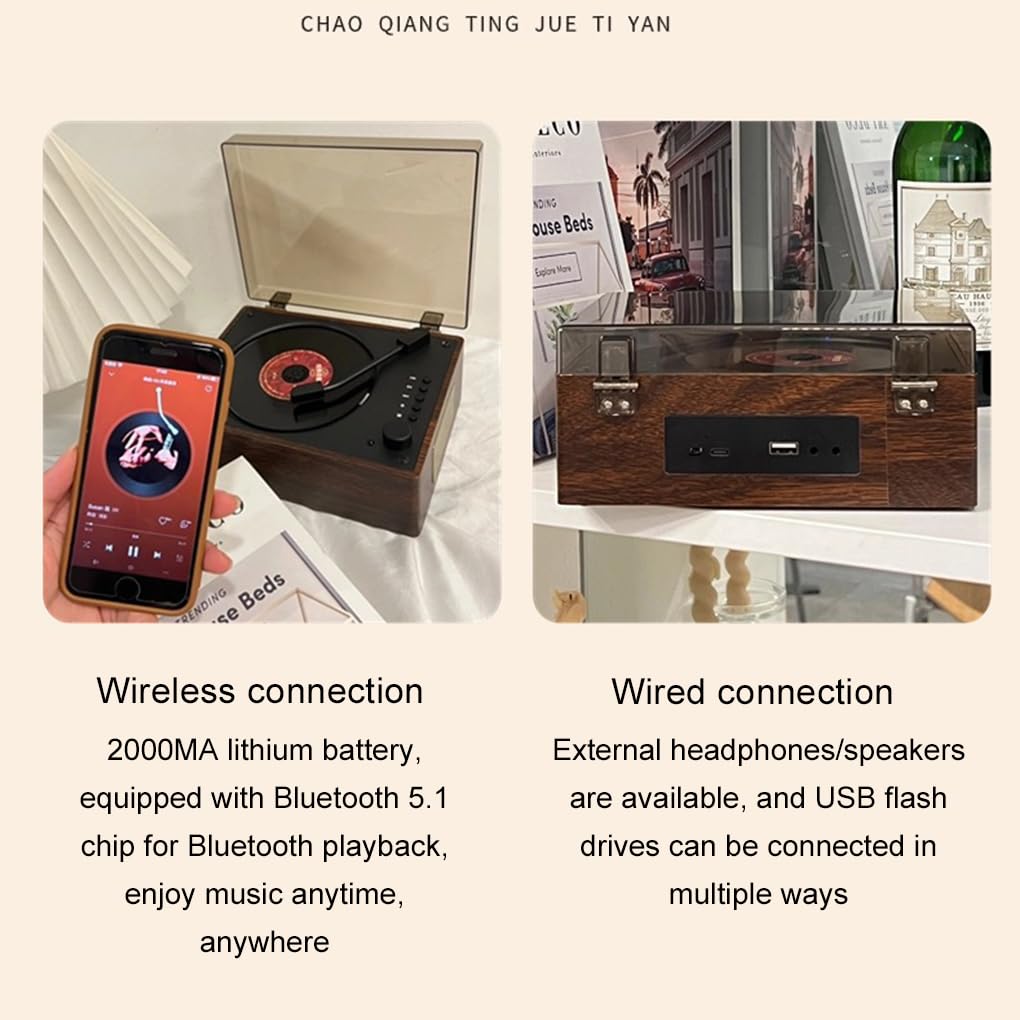 Lettore CD Bluetooth portatile per ascoltare la tua musica preferita ovunque. Design elegante e retrò. Batteria al litio integrata da 2000 mAh, marrone