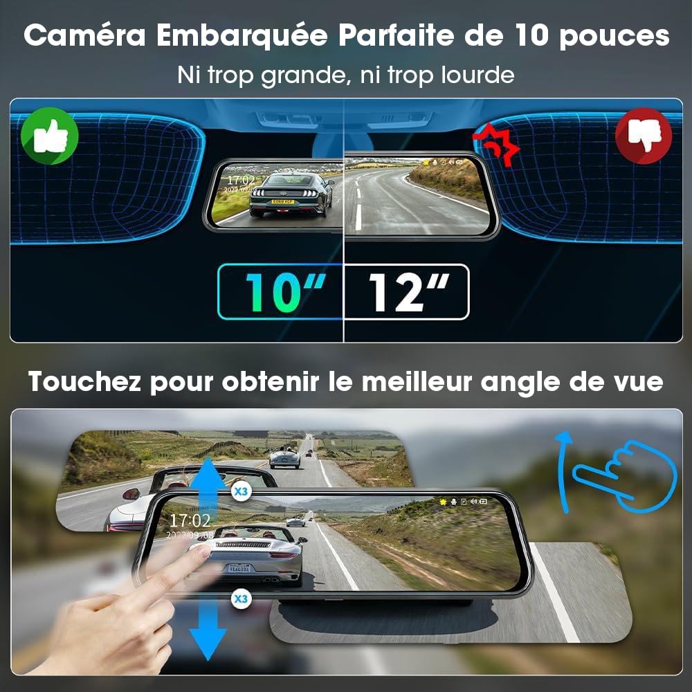 Jansite 10" Dashcam Voiture Rétroviseur Écran Tactile, Arrière et Avant Full HD 1080P Streaming Media DVR 170 ° Grand Angle de Vision Nocturne avec 10 Mètres de Câble
