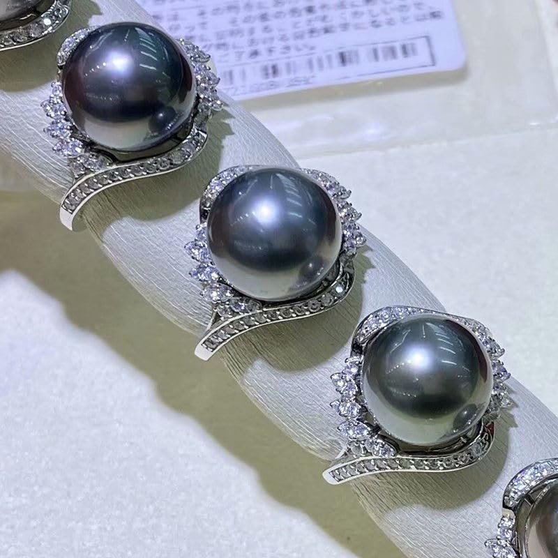 925 Sterling Silver Cut Large 12mm Black Pearl Freshwater Pearl Ring AAA Zircon Black Pearl Lady Ring Adjustable Open Anniversary Engagement Rings for Women Simple Style Vintage Ring