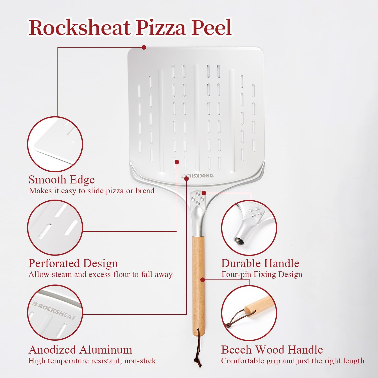 ROCKSHEAT Pizza Peel 12 Inch - Anodized Aluminum Pizza Spatula with Wooden Handle - Ideal for Pizza Oven & Baking, Lightweight Pizza Turning Peel for Baking pizza Bread Pizza Oven Accessories Tools
