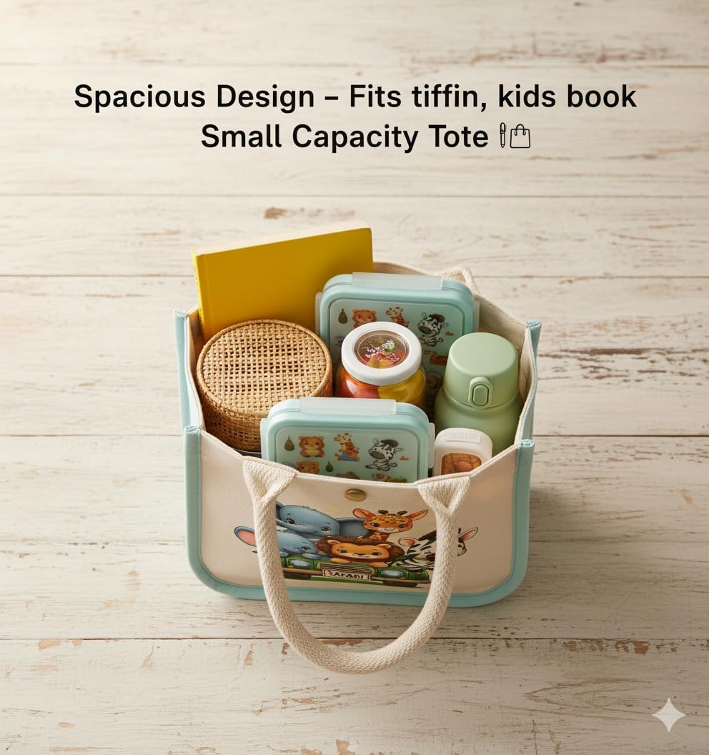 HOBBY INDIA Kids Lunch Bag | Cute & Stylish Mini Tiffin Bag for Boys & Girls | Cute Cotton Cartoon Design I Perfect For Picnic Tuition School, Preschool & Playschool (Jungle Safari) 1