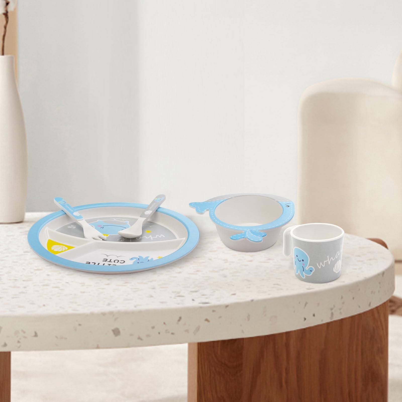 Assiettes Service de Table - Service de table pour Enfants - Comprend assiette, bol, tasse, fourchette et cuillère, ustensiles de cuisine, Sans BPA (Baleine)