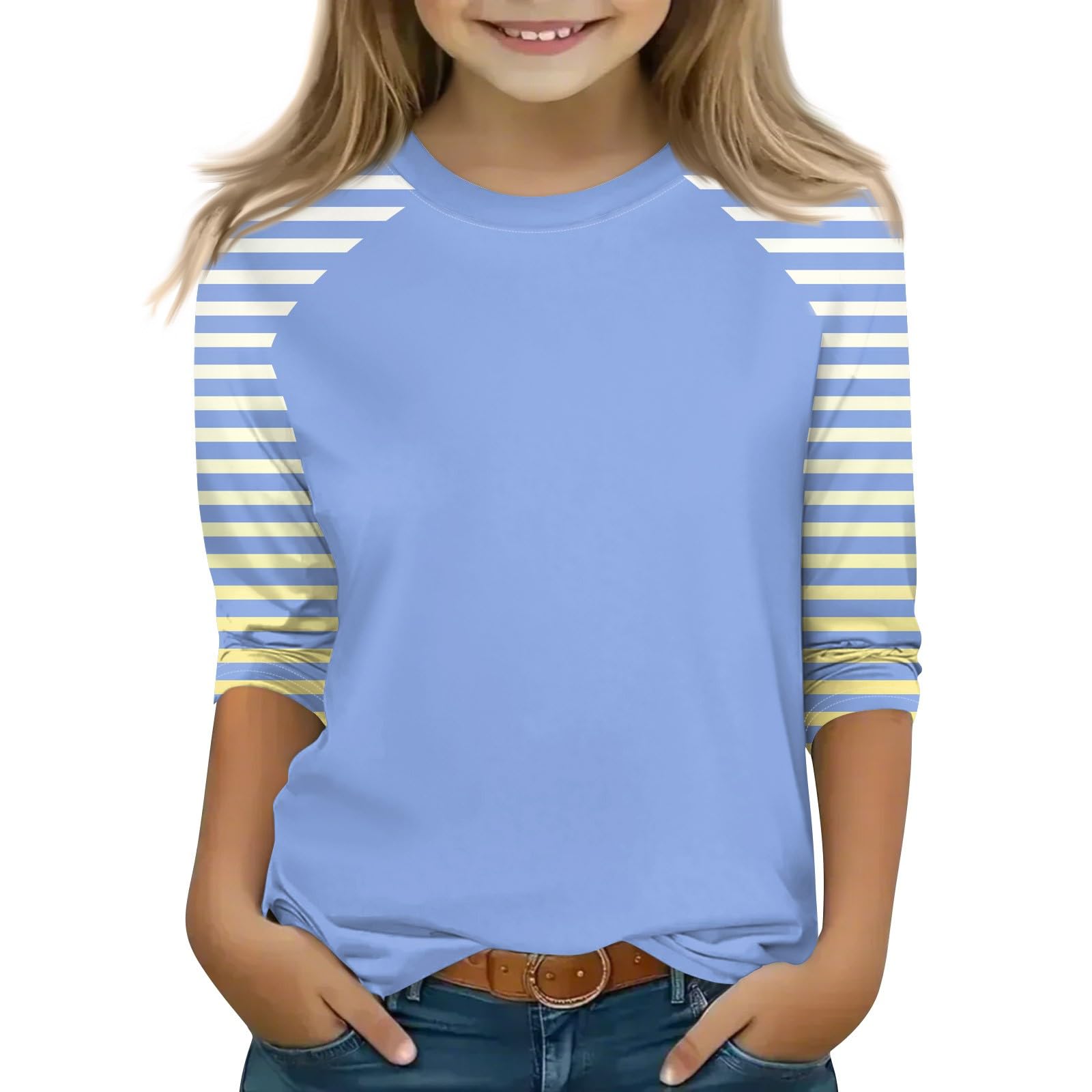 T-shirt à manches raglan pour fille avec manches 3/4 rayées, col rond en coton mélangé doux