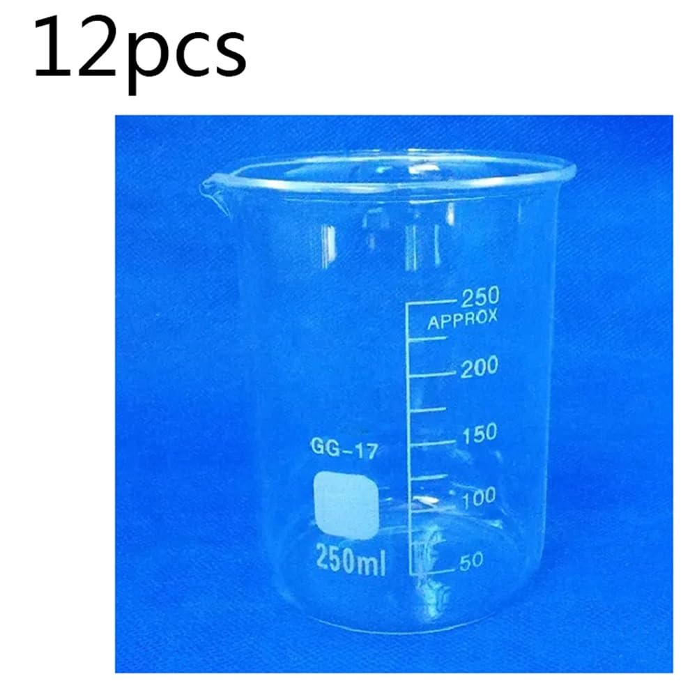 Zestaw 12 szklanych zlewek o pojemności 250 ml, do laboratorium, zestaw zlewek szklanych
