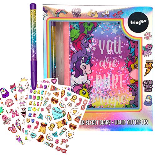 Fringoo - Libro de Unicornio, Magia Puraa - Mi Diario Secreto - Cuaderno con Candado - Cuaderno de Escritura - Diario A5 con Candado de Corazón, Pegatinas y Bolígrafo Líquido de Purpurina Cover