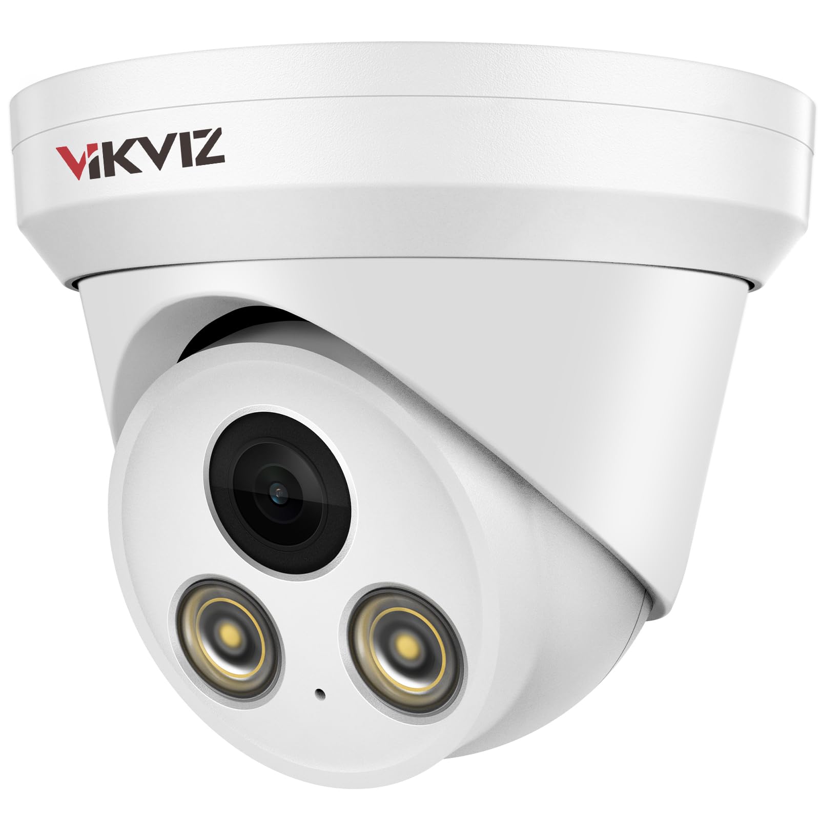 Front view of the VIKVIZ 4MP PoE IP Turret Camera, showing the lens and two auxiliary lights.