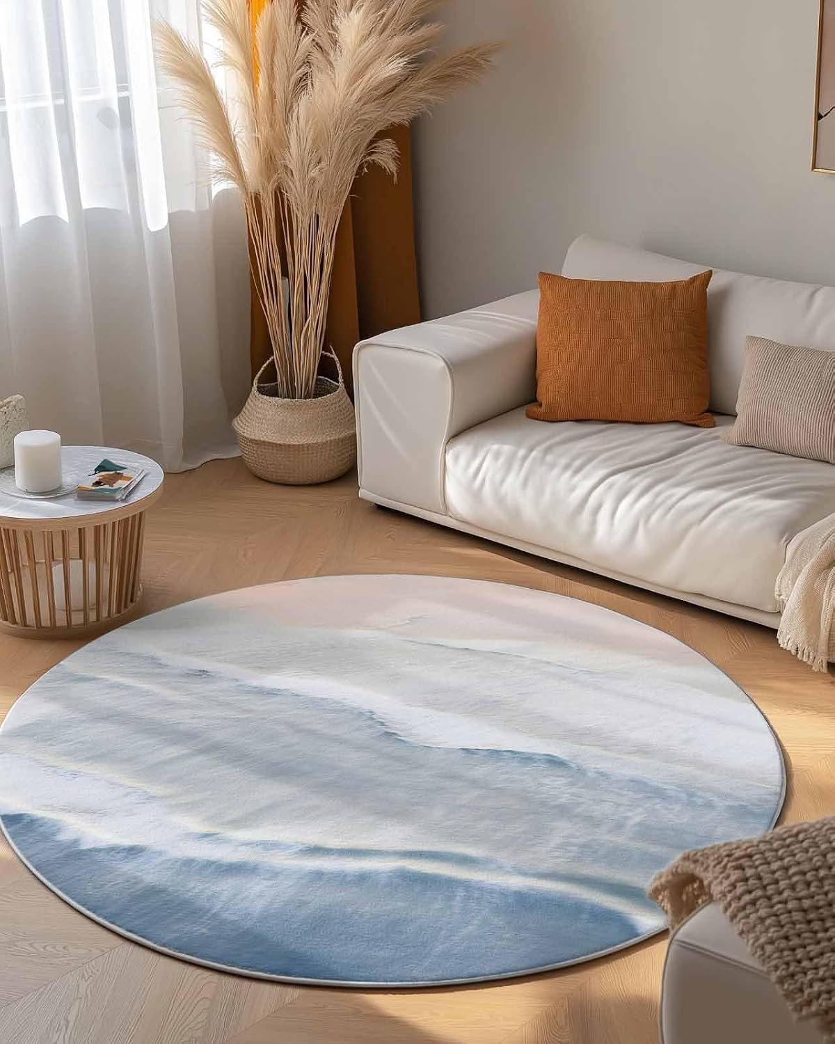 DecorLovee Navy Blue Summer Beach Round Area Rugs 4ft - Soft Area Rug for Kids Room, Coastal Nautical Ocean Seaside Washable Living Room Circle Rugs, Non-Shedding Residential Bedroom Carpet Floor Mat