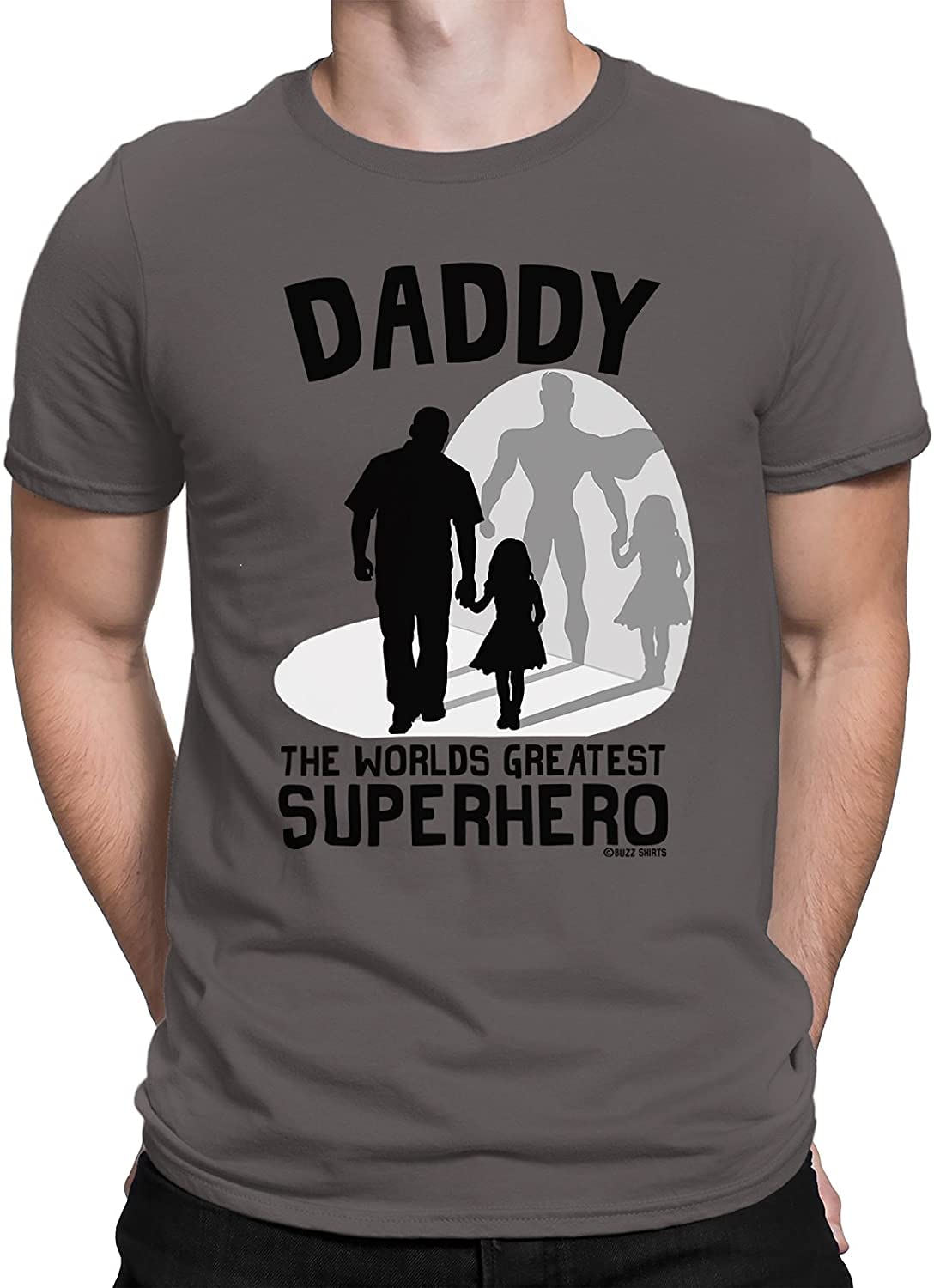 buzz shirts Daddy The Worlds Greatest Superhero, Father and Daughter, Fathers Day T-Shirt, Made from Organic Cotton…Medium Charcoal
