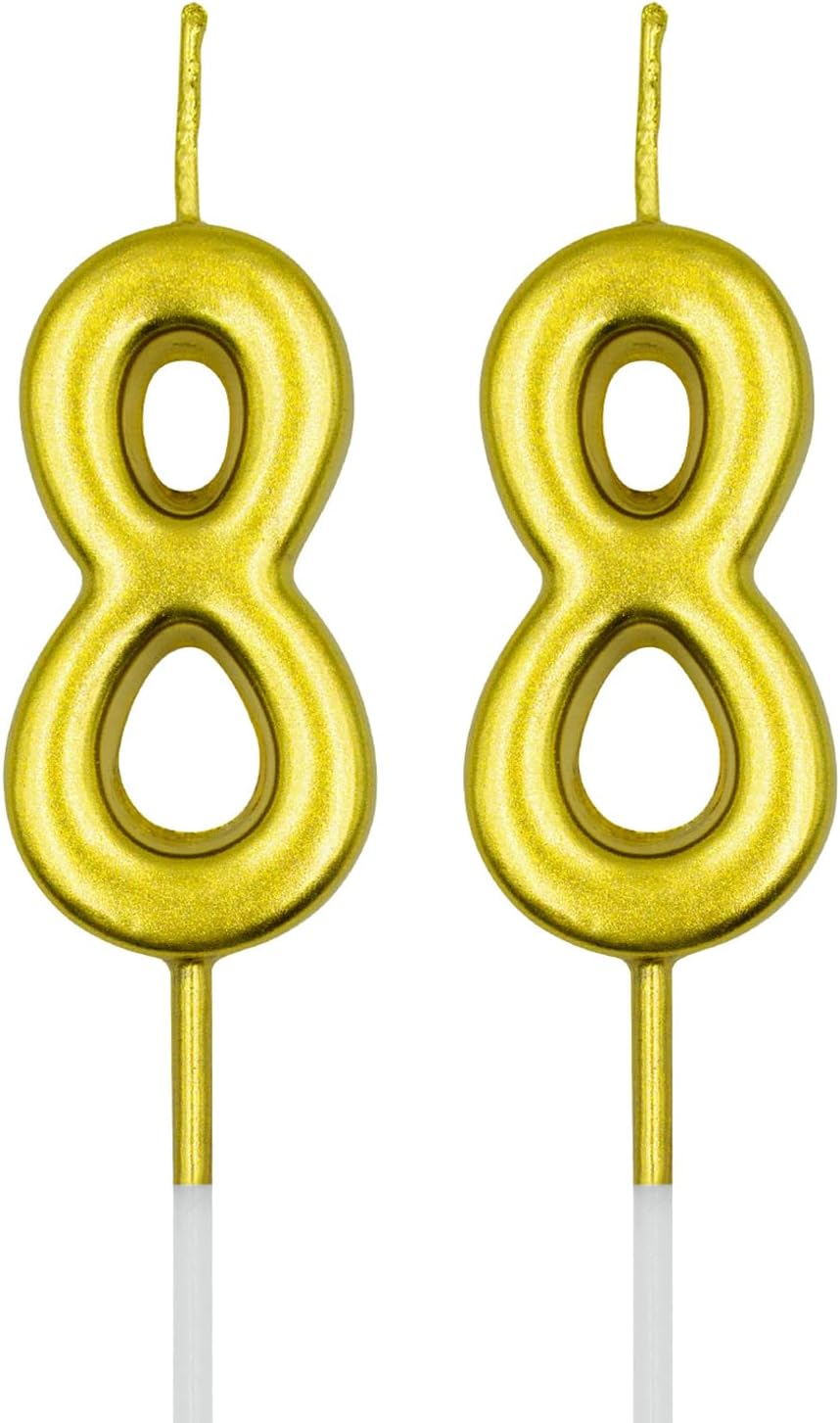 88th Birthday Candles, Gold Number 88 8 Candle for Cake, Happy Birthday Cake Topper Decoration for Birthday Anniversary Celebration Party Supplies