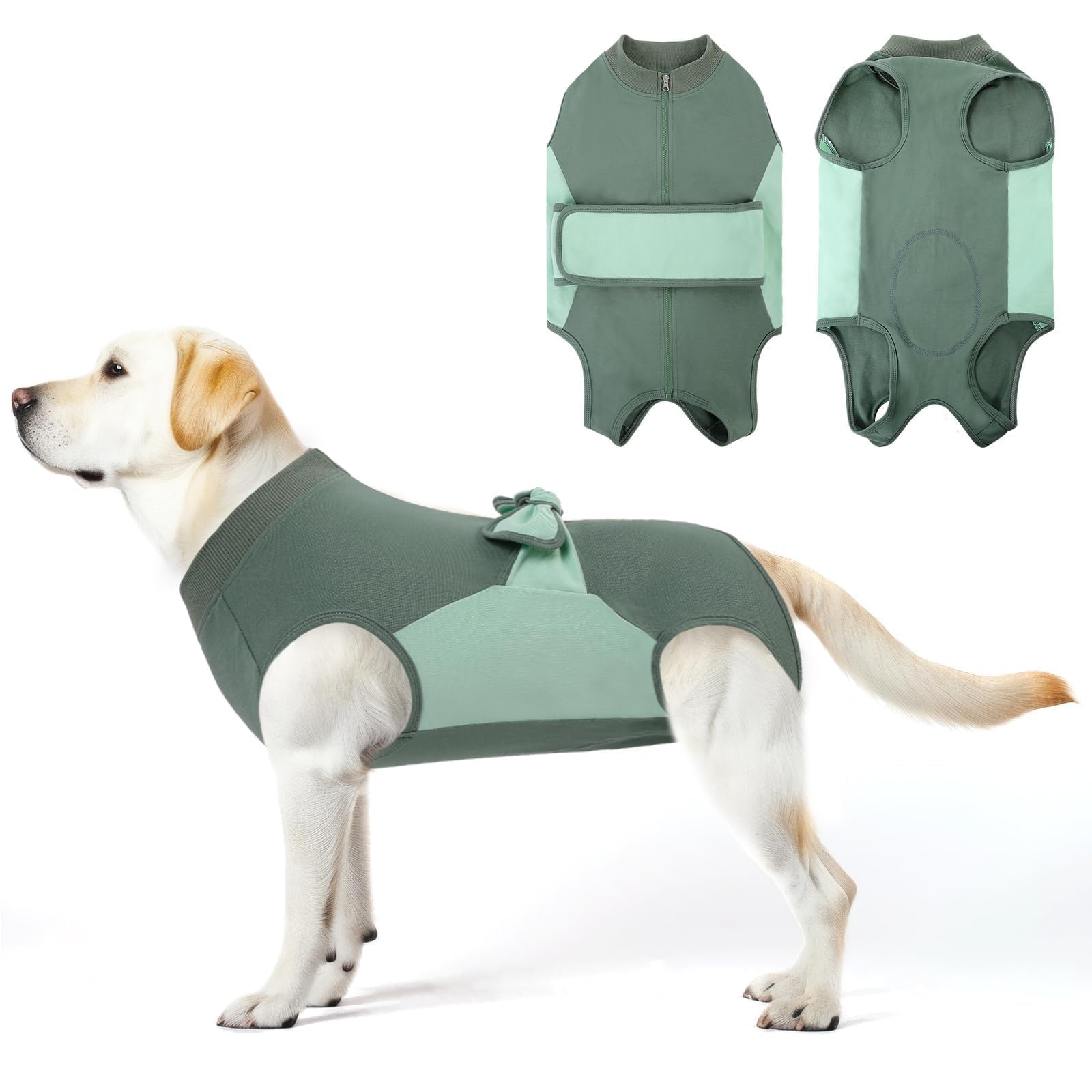SAWMONG Zipper Recovery Suit for Dogs, Cotton Dog Surgery Suit Female Spay Pet Male Breathable, Neuter Onesie Bodysuit Prevent Licking Wounds, Substitute E-Collar &amp; Cone(Green, Small)