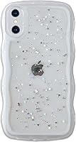 Vista 124 de Qokey para iPhone 14 Plus Funda de 6.7" con diseño de borde ondulado rizado, transparente, con purpurina, brillo, estrellas, brillante, lindo