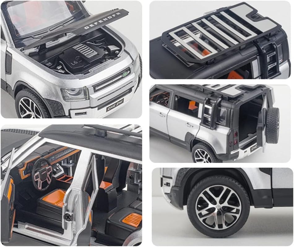 Image of 1:24 Land Rover Defender Alloy Diecast Model Car, Pull Back Vehicle with Openable Doors, Sound & Light Effects, Toy for Kids, for Car Enthusiasts and Collectors. (Silver)