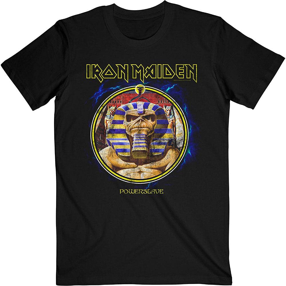 Iron Maiden Men's Black T Shirt Powerslave Mummy Circle Band Logo Official Xl