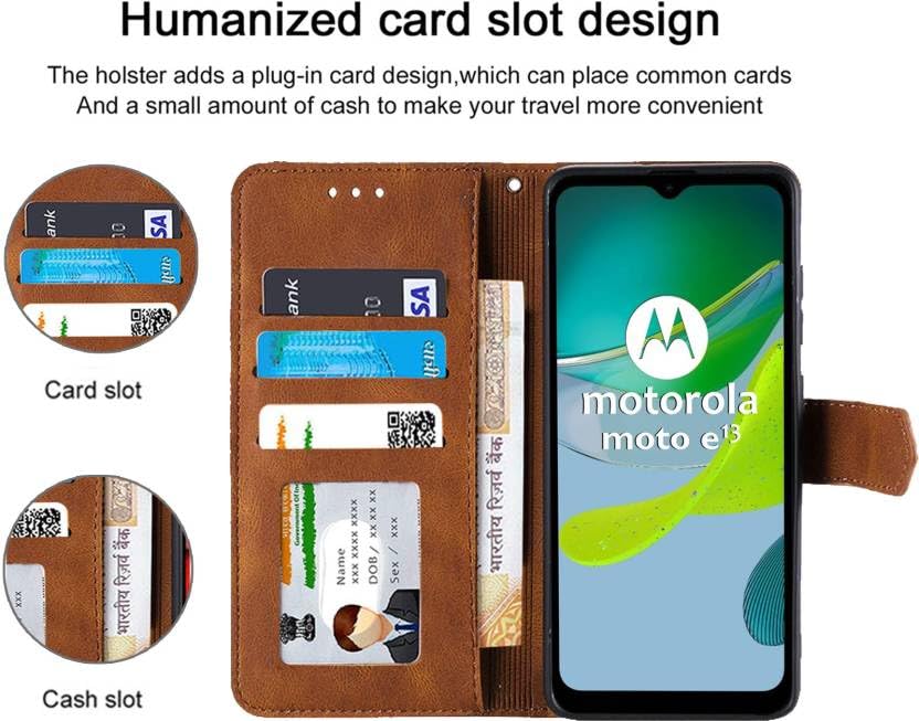 Image of Flip Cover Compatible for Motorola E13 | Moto E13 Back Cover Soft Silicon TPU Flip Cover Executive Executive Brown, Magnetic Closure