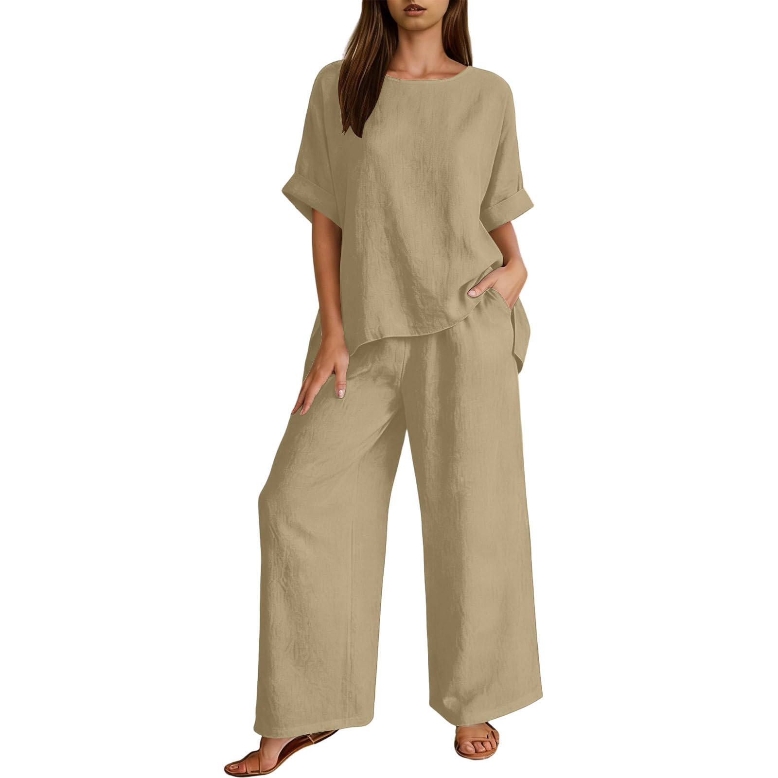 Ybing Leinenanzug Damen 2 Teiler Tracksuit Musselin Tshirt und Weite Bein Leinenhose Zweiteiliges Lose Baumwolle Leinen Sportanzug Leichte Loungewear Set Casual Sommer Outfit Freizeitanzug Homewear