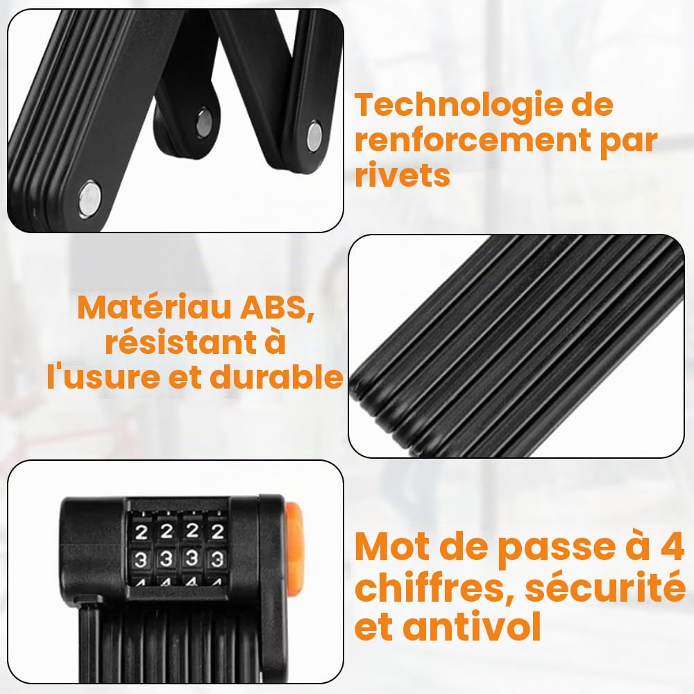mizikuu Antivol De Vélo Pliable, Serrure de Vélo Portable en Acier Trempé Avec Support Haute Sécurité Antirouille et Antivol Serrure à Combinaison Longueur 85 cm pour Bicyclette, Scooters, Moto, Noir