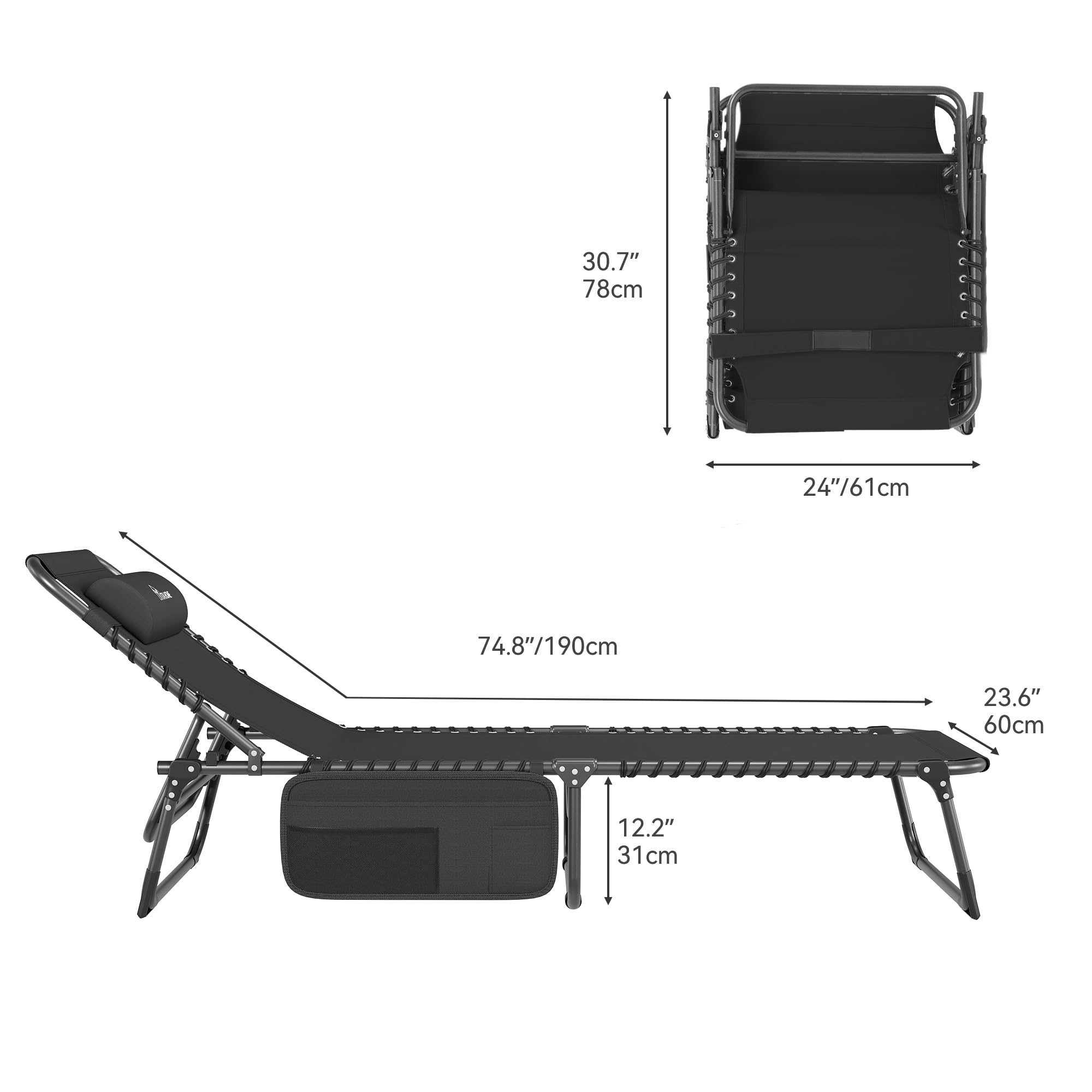 YITAHOME Lettino da Sole Pieghevole Set di 2 Lettino da Spiaggia Regolabile in 4 Posizioni, Lettino Prendisole con Poggiatesta e Tasca Capacità di Carico 300lbs per Giardino, Spiaggia, Campeggio, Nero