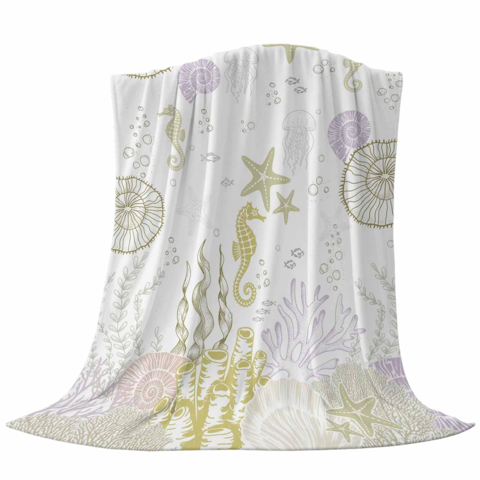 Ocean Coral Throw Flannel Blanket 40x60In, Green Shell Seahorse Starfish Abstract Texture Super Soft Cozy Bed Blanket, Lightweight Plush Fuzzy Bed Throw for Bedroom Sofa Couch Living Room