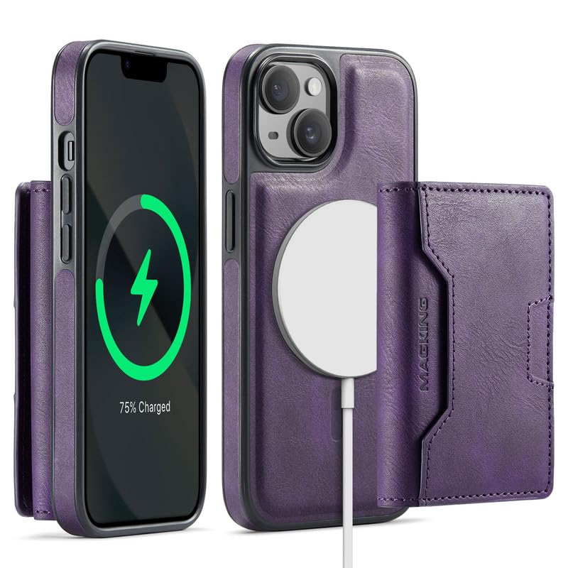 Funda magnética 2 en 1 para iPhone 13 morada con tarjetero extraíble y bloqueo RFID