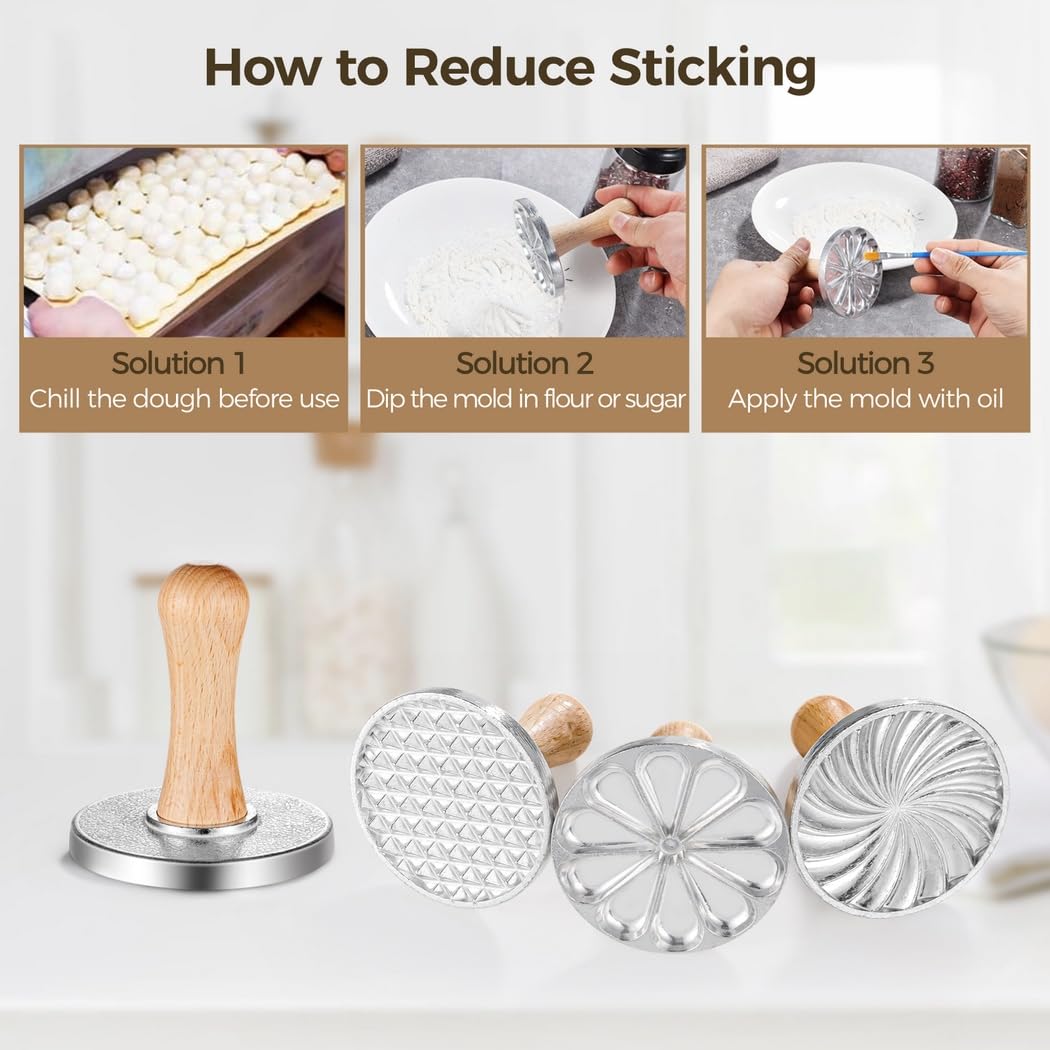 3 Stk. Metal Cookie Press Cutter mit Holzgriff, 3,1 Zoll Keksprägemuster aus Zinklegierung, Metal Cookie Embossers für DIY Backen, Cake und Pastry Dekoration, für Kuchen und Gebäck, 3 Muster