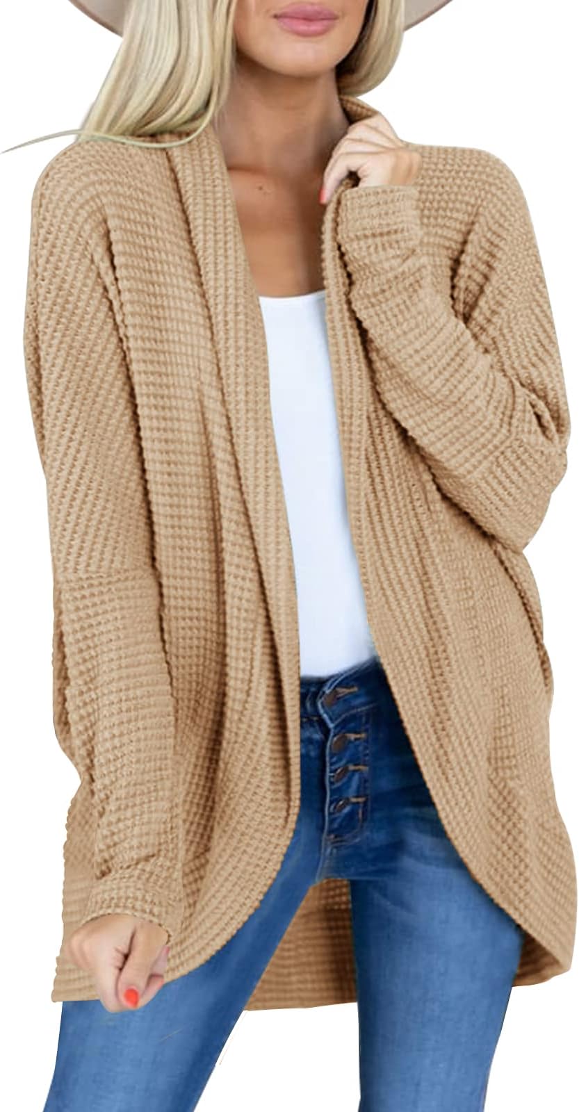 Tutorutor Womens Kimono Open Front Cardigans Batwing Sleeve Shawl Collared Lightweight Cape Waffle Knit Slouchy Cloak