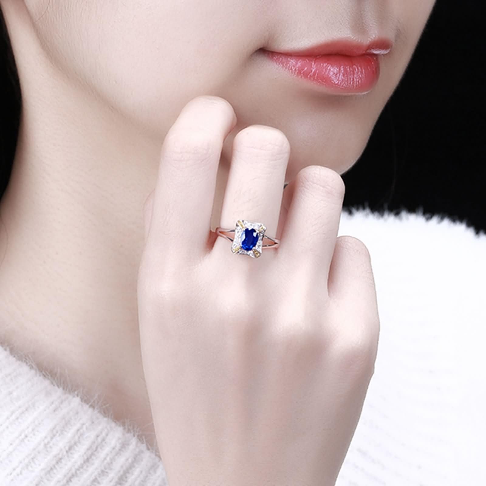 Anillo Compromiso Oro Blanco de 9 Kilates / 14 Kilates / 18 Kilates para Mujer, Rectángulo y Oval con Zafiro Creado de 1.1ct y Moissanita, Anillo de Alianza Mujer Plata Azul