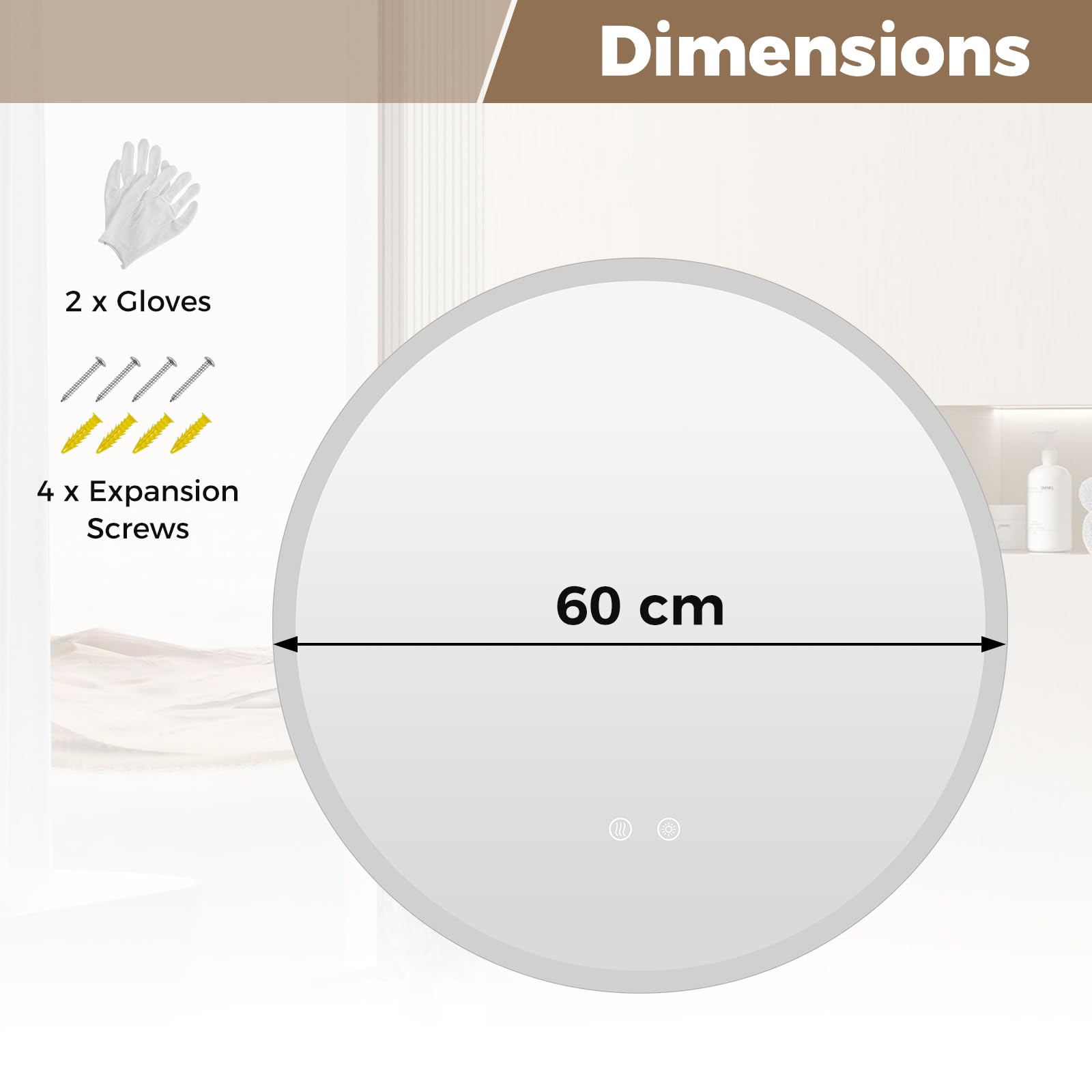 FANTASK Miroir de Salle de Bain Rond Lumineux, avec 3 Couleurs de lumière et variateur en continu, Anti-buée, en Verre trempé, pour la Maison, 60 x 60 cm