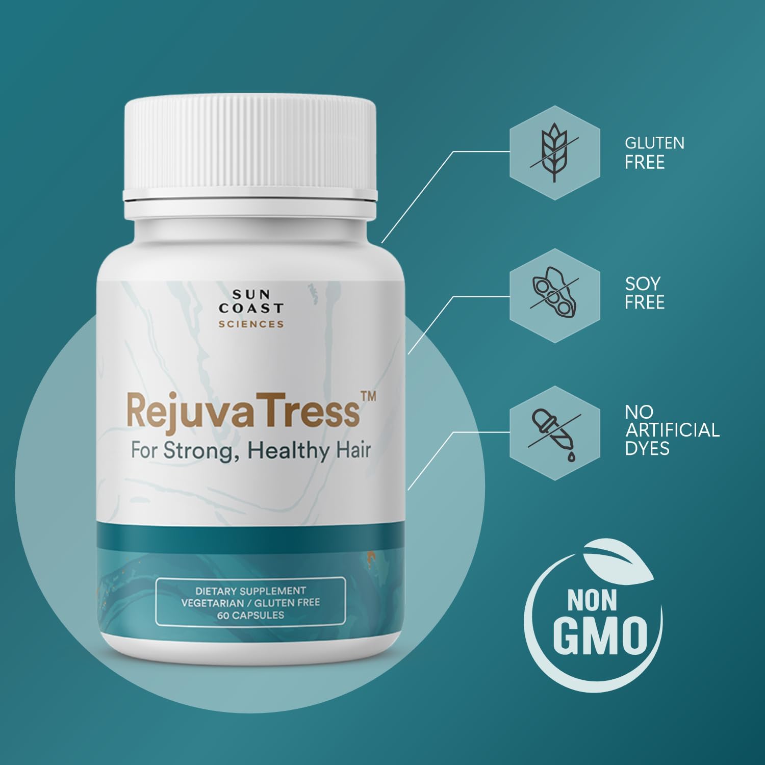 SUN COAST SCIENCES RejuvaTress from Hair Support Supplement for Women | Doctor-Formulated with Saw Palmetto, Biotin & AnaGain Nu | Supports Thicker, Stronger, Healthier Hair | 60 Capsules