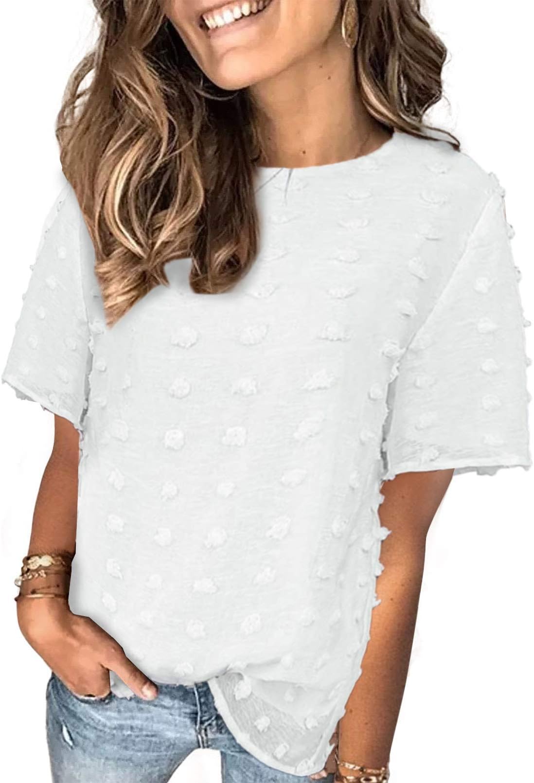 BTFBMWomen's Swiss Dot Casual Summer Tops Short Sleeve Crewneck Chiffon Blouses Cute Solid Color Loose Pom Pom Shirts Tees
