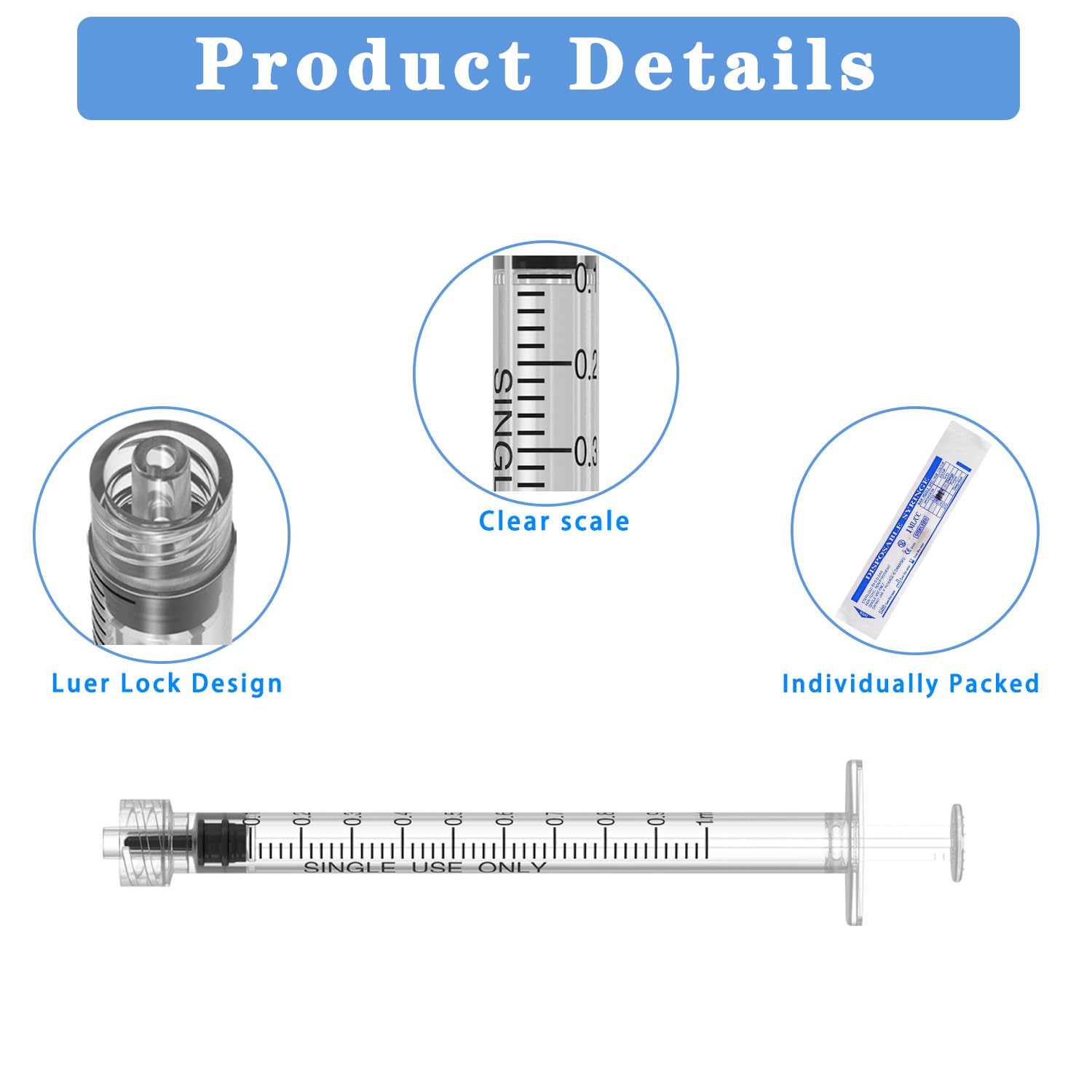 1 ml Luer-Lock-Spritzen (ohne Nadel), 100 Spritzen, einzeln verpackt