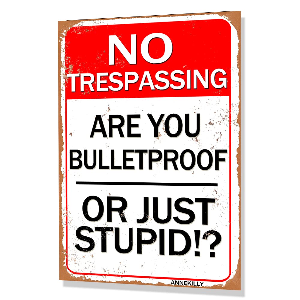 peiyeety 8x12 inches Vintage Warning No Trespassing are You Bulletproof Or Just Stupid!? Metal Tin Sign for Outdoor Home Kitchen Yard Wall Decor Signs