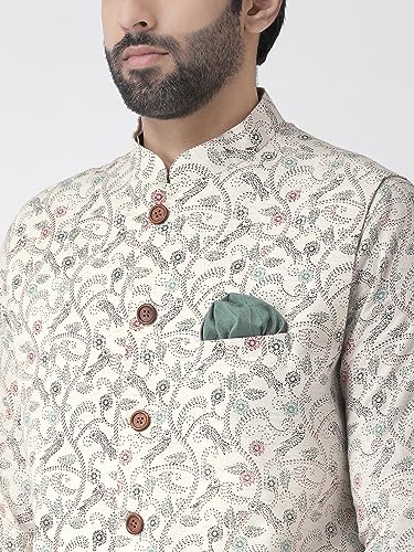 Image of KISAH Men White Floral Kurta with Churidar Jacket, Full Sleaves, Knee Length, Straight, Regular Fit, Mandarin Collar Ethnic Casual Traditional wear