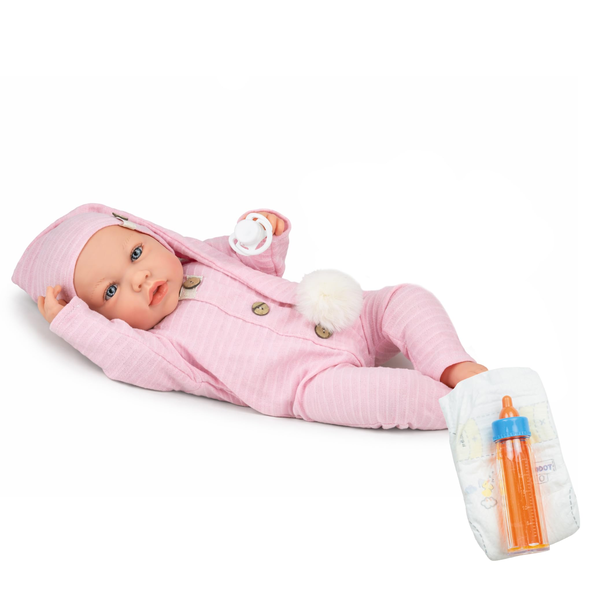 Marina & Pau Lia Lia lalka niemowlęca 45 cm, z miękkim ciałem – miękka lalka do zabawy ze smoczkiem, butelką i pieluchą, dla dzieci (rozm. 45 cm)