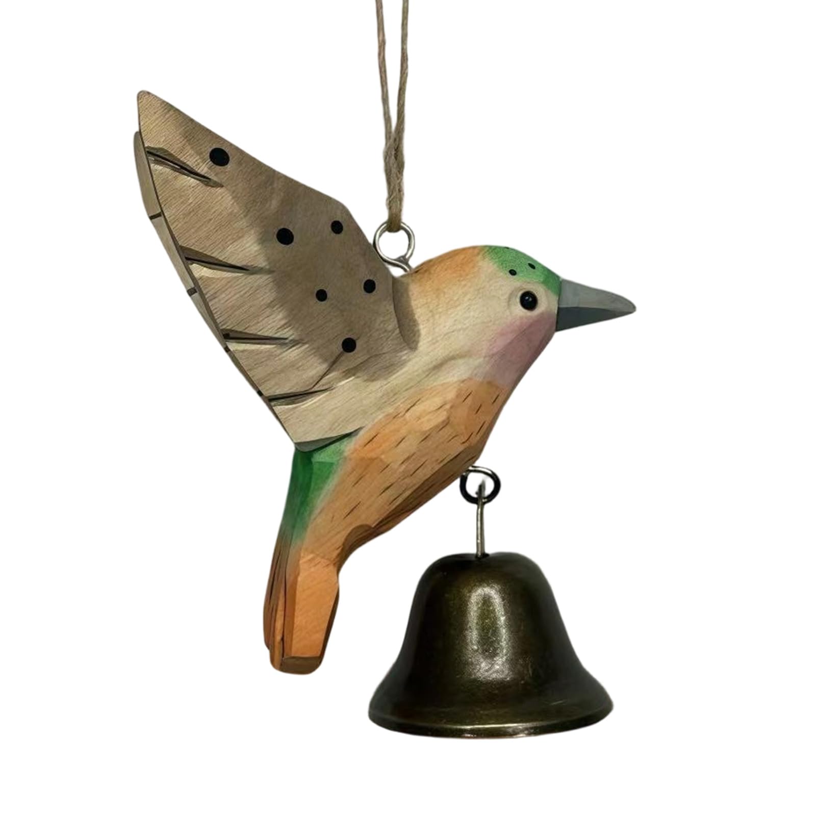hogtnd Wooden Wind Chimes Hummingbird Hand Carved Wooden Statues Figurines Hanging Ornament for Car Home Decoration Hand Carved Wooden Figures with Bells